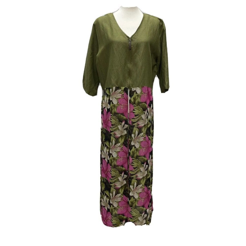 Nefertiti Duster Womens Plus Size 1X Zip Linen Top Open Waist Full Length Floral